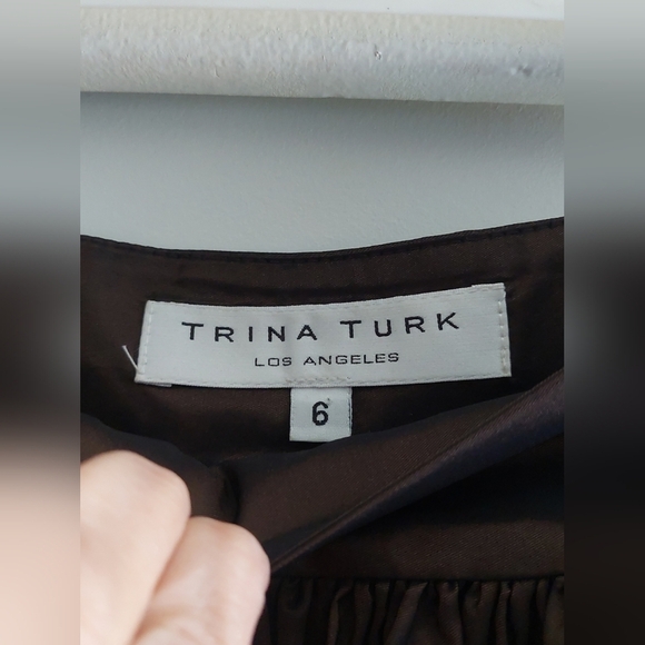 Trina Turk Silk Blend Chocolate Brown Satin Knee Length Skirt Sz 6 - Picture 4 of 10